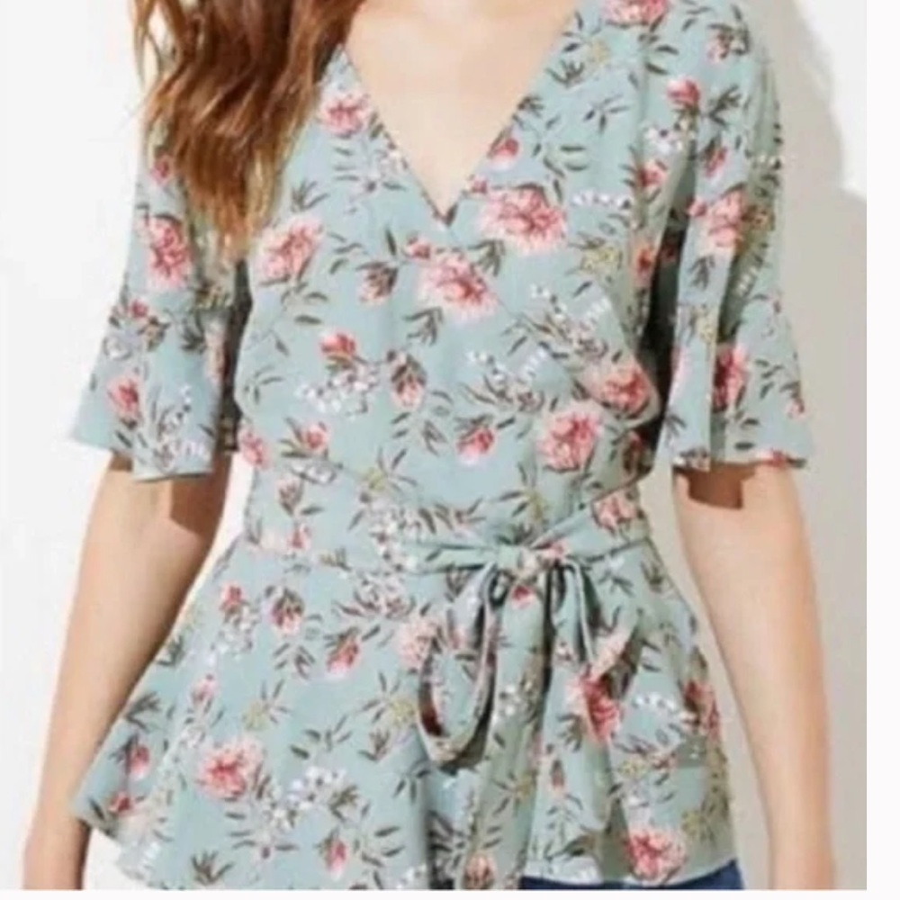 Loft Floral Sage and Pink Wrap Flutter Sleeve Top